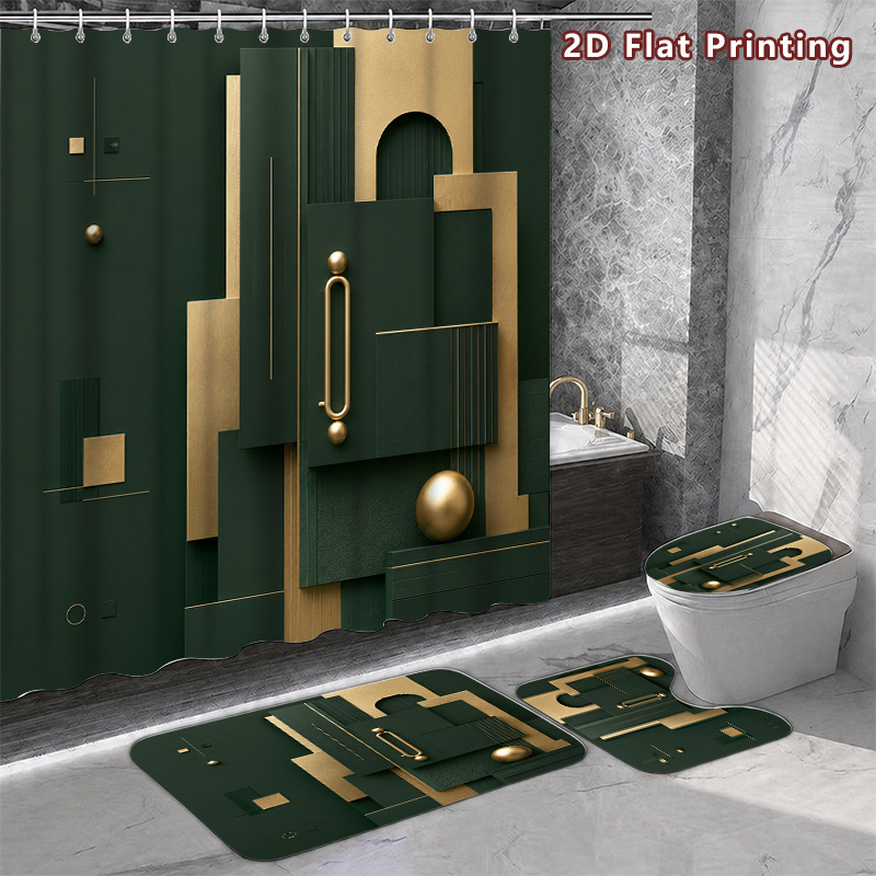 4pcs Modern Luxury Dark Green Shower Curtain & Bath Mat Set