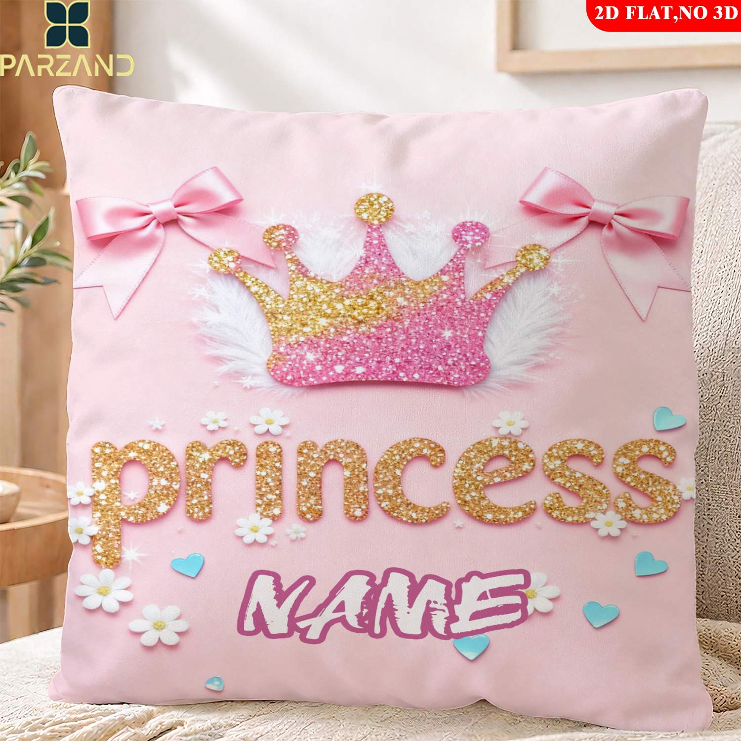 TEMU 2d Flat 1pc Custom Name Pillowcase Pink Crown And Princess Family Pattern, Pillowcase For Sofa, Bedroom, And Study, Comfortable And Soft