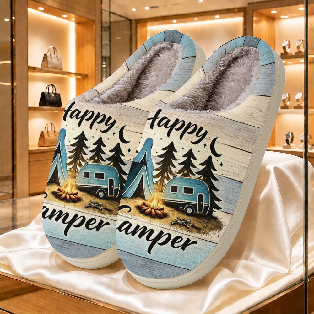 TEMU Chaussons décontractés polyvalents unisexes pour intérieur/extérieur, style grain de bois vintage avec imprimé "" et de tente, camping-car, et