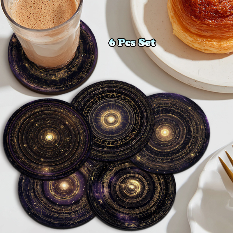 lot de 6 sous-verres circulaires ornés de   dorés concentriques complexes et de détails étoilés, parfaits pour la décoration intérieure, lutilisation dans un café et idéaux pour les pendaisons de crémaillère et les anniversaires
