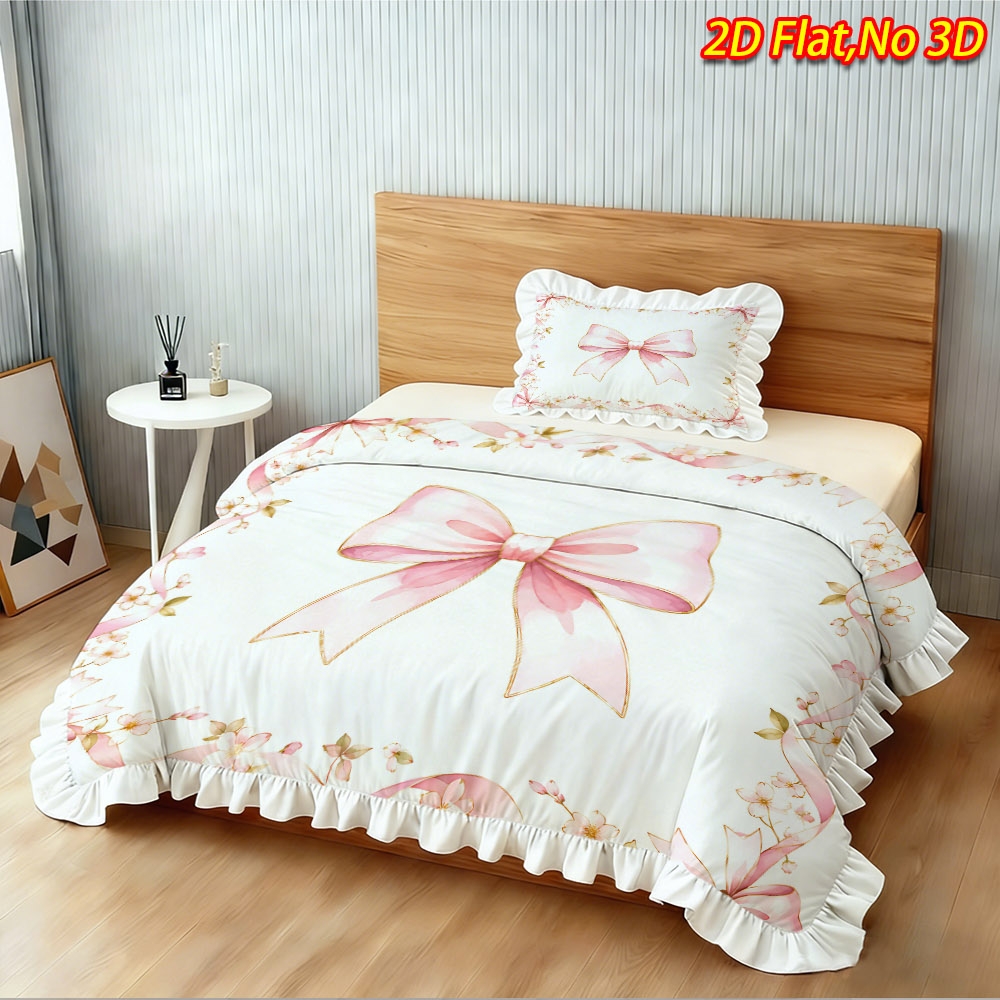 TEMU 2/3pcs 2d Flat Printing Pink Bow And Floral Border Ruffle Design Duvet Cover Set, Multiple Sizes , Skin-friendly Soft Machine Washable, Suitable