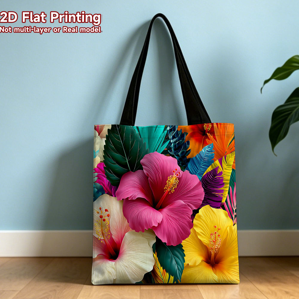 TEMU 2d Flat. 1pc Motivational Colorful Hibiscus Flowers And Tropical Leaves Graphic Tote Bag - Portable Shoulder Bag Shopping, Work And Labor Day