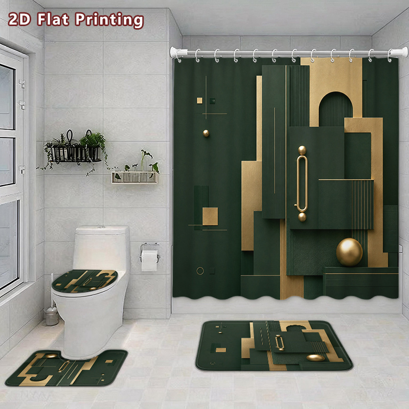 4pcs Modern Luxury Dark Green Shower Curtain & Bath Mat Set