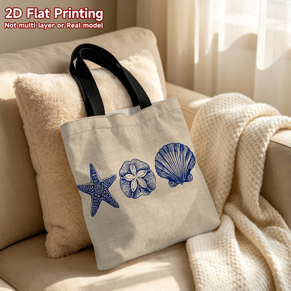 TEMU 1pc, Women's Handbags, 2d Flat Blue Starfish Shell Pattern Tote Bag Large Capacity Double-sided Print Shopping Handbag Multifunctional Storage