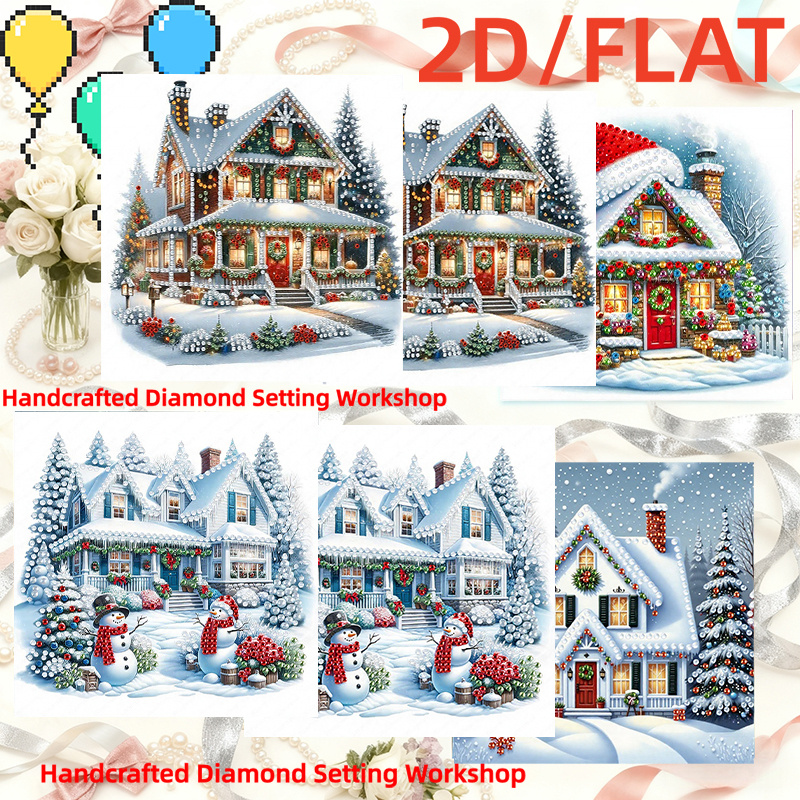 TEMU 6pcs Set Cozy Diamond Painting Greeting Card | 2d Flat Rhinestone Winter Christmas Cottage Art Card, Diy Creative Handmade Greeting Card For