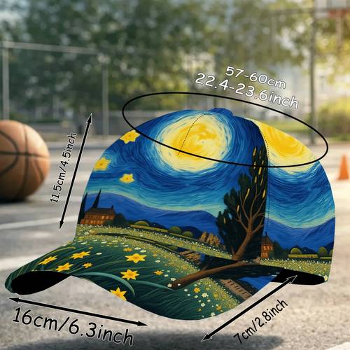 1pc baseball cap with van style starry field 2d flat pattern fashionable and versatile sun hat lightweight ventilated breathable 100 polyester fiber adjustable size acid washed graphic print sports headwear