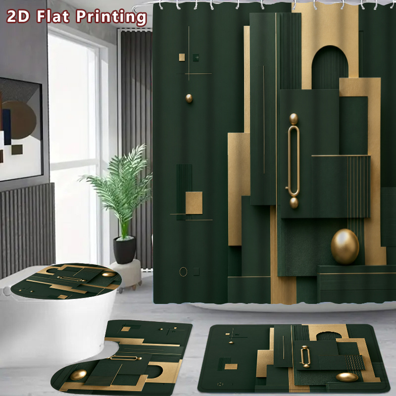 4pcs Modern Luxury Dark Green Shower Curtain & Bath Mat Set