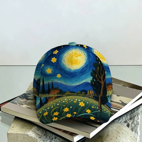 1pc baseball cap with van style starry field 2d flat pattern fashionable and versatile sun hat lightweight ventilated breathable 100 polyester fiber adjustable size acid washed graphic print sports headwear