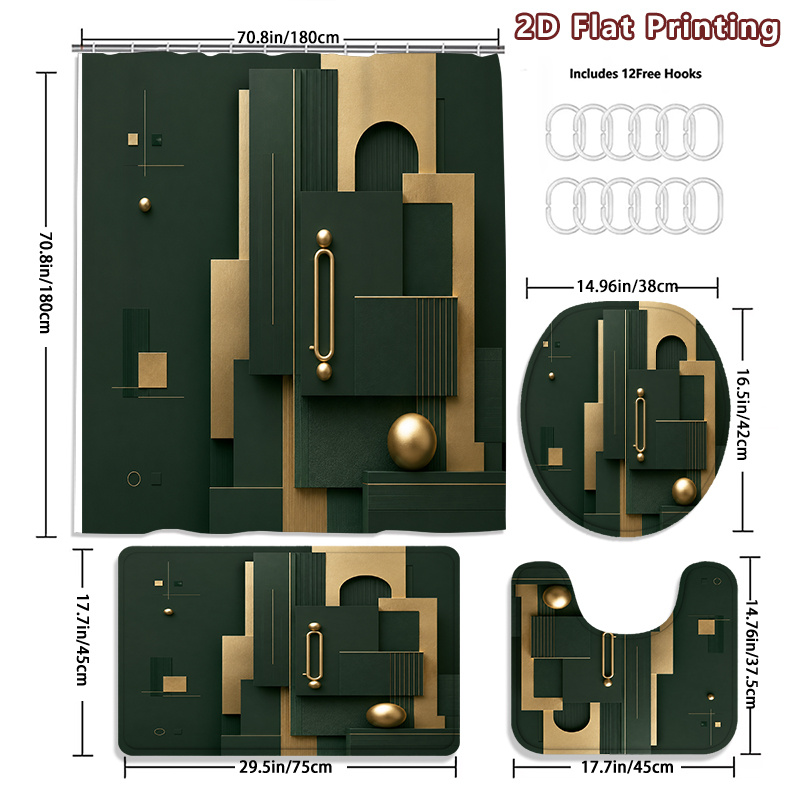 4pcs Modern Luxury Dark Green Shower Curtain & Bath Mat Set