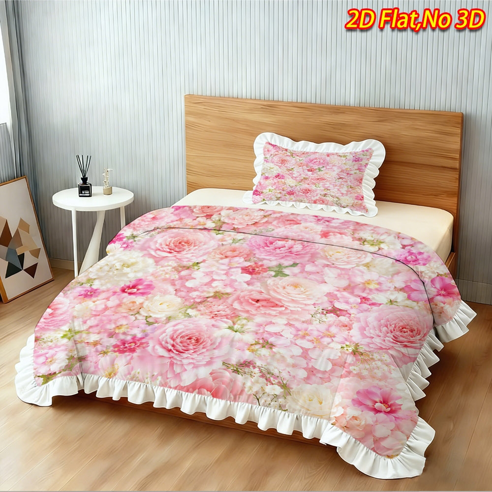 TEMU 2/3pcs 2d Flat Printing Pink Floral Theme Ruffle Design Duvet Cover Set, Multiple Sizes , Skin-friendly Soft Machine Washable, Suitable For
