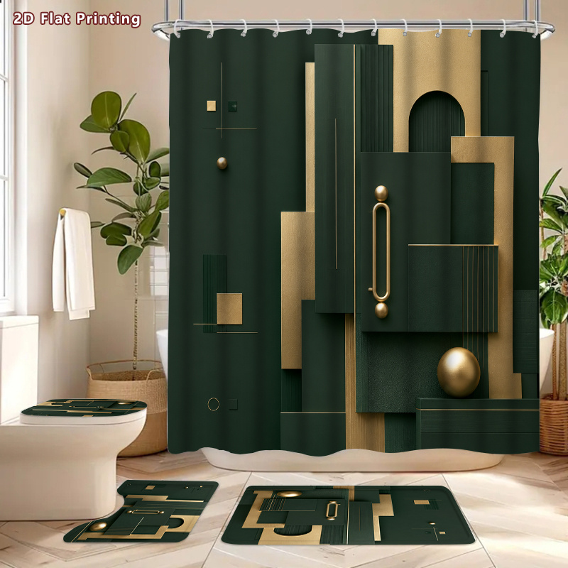 4pcs Modern Luxury Dark Green Shower Curtain & Bath Mat Set