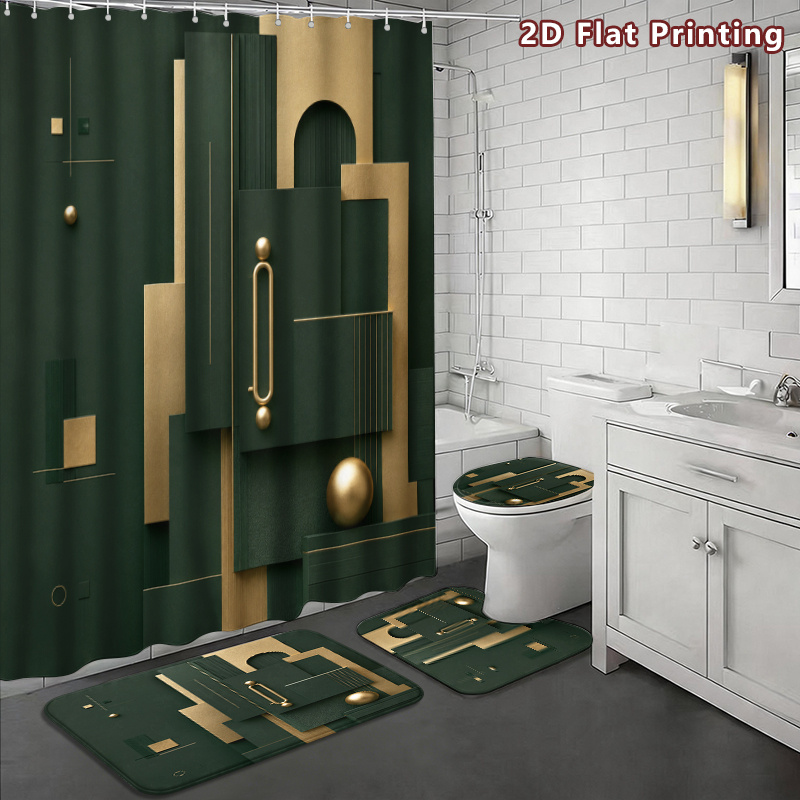 4pcs Modern Luxury Dark Green Shower Curtain & Bath Mat Set