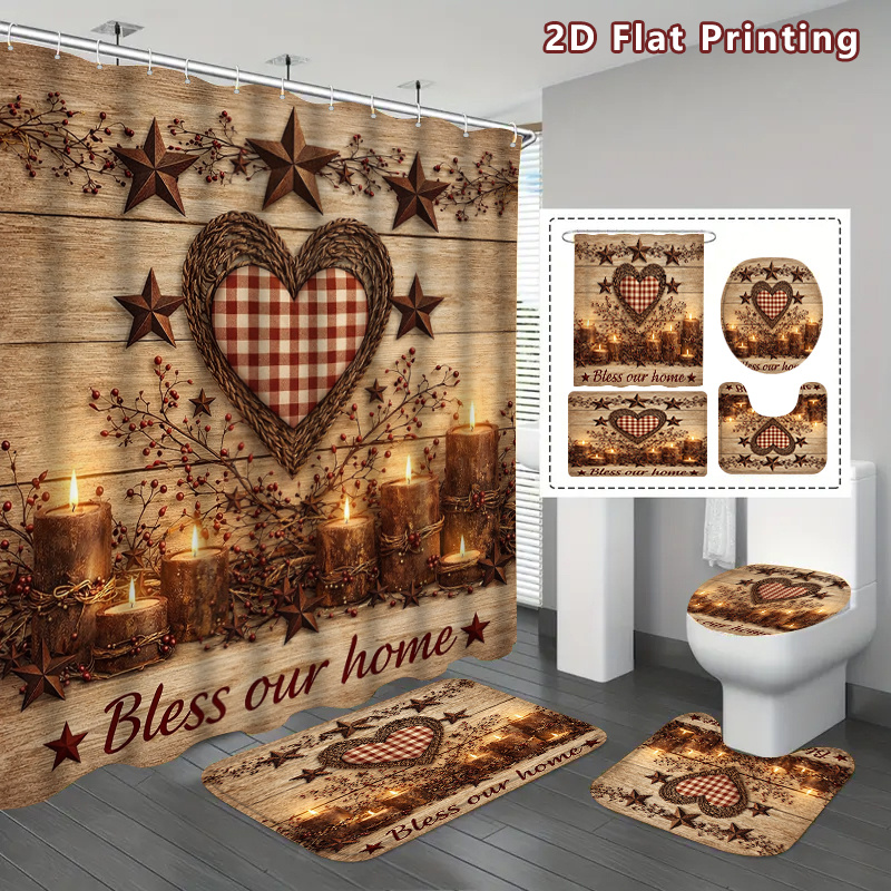 TEMU 2d Flat, 2d Flat 4pcs Farmhouse Shower Curtain Set, Candle Berry Pattern Bathroom Decor, Additions With, U-shaped, Toilet Lid Cover, Shower