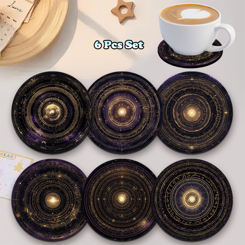 lot de 6 sous-verres circulaires ornés de   dorés concentriques complexes et de détails étoilés, parfaits pour la décoration intérieure, lutilisation dans un café et idéaux pour les pendaisons de crémaillère et les anniversaires
