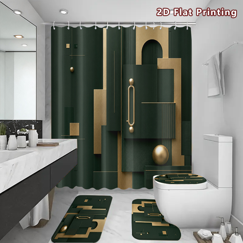 4pcs Modern Luxury Dark Green Shower Curtain & Bath Mat Set