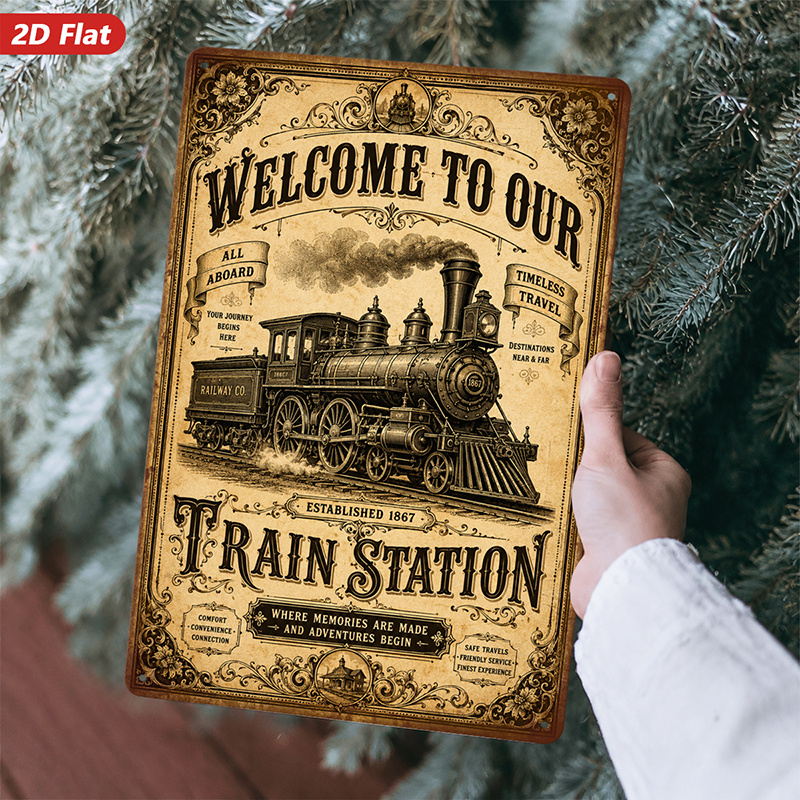 TEMU 2d Flat, 1pc Metal Sign Wall Art, Vintage Train Station Decorative Art, Welcome Text, Rustic Style, Home Decor, For Living Room, Office, Safe