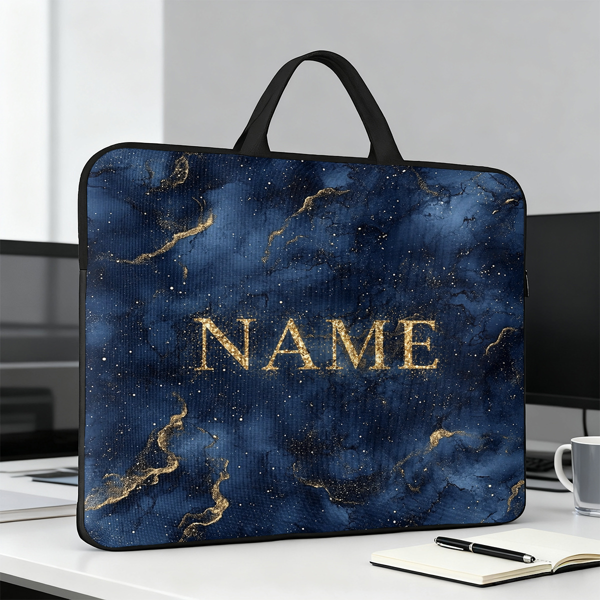 Customized Marble Golden 2D Flat Pattern Laptop Bag with Handle