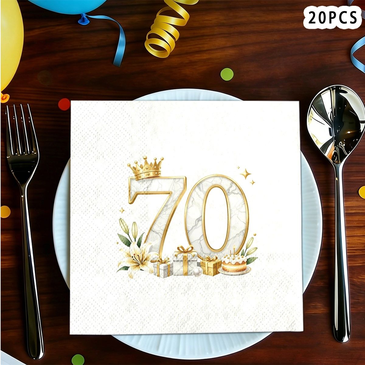 TEMU 20pcs 70th Birthday Platinum Floral Number Themed 2-ply Printed Napkins, Square Tissues, Suitable For Picnics, Lawn Banquets, Outdoor Parties,