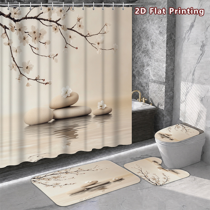 4pcs Zen Stone Cherry Blossom Shower Curtain & Bath Mat Set