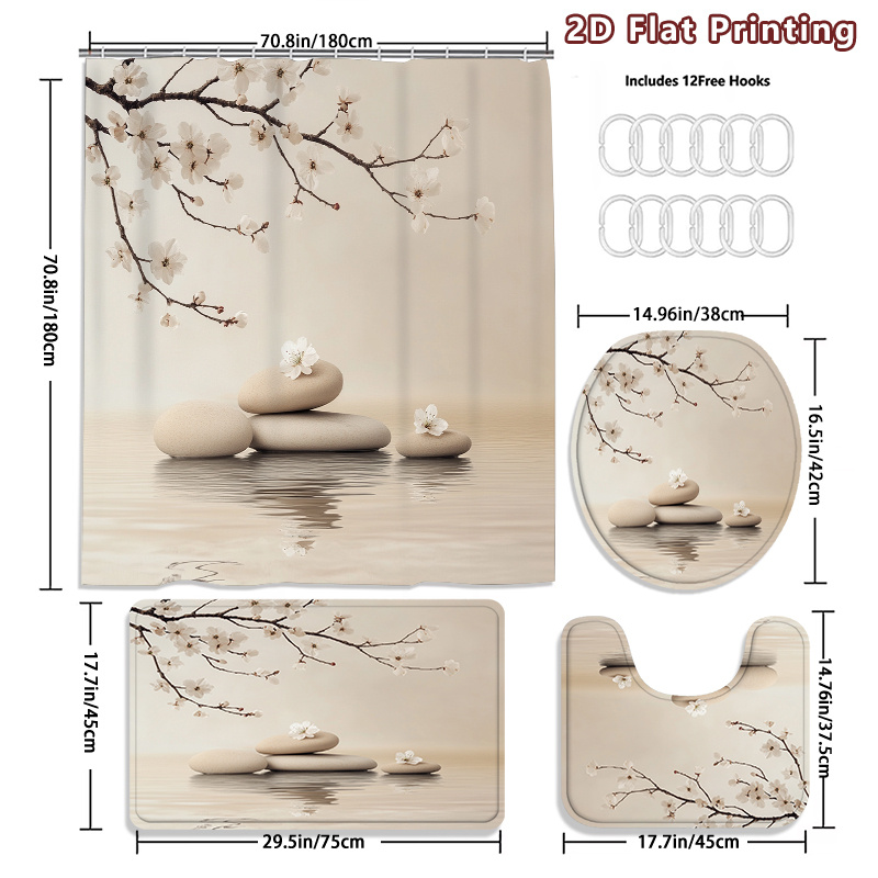 4pcs Zen Stone Cherry Blossom Shower Curtain & Bath Mat Set