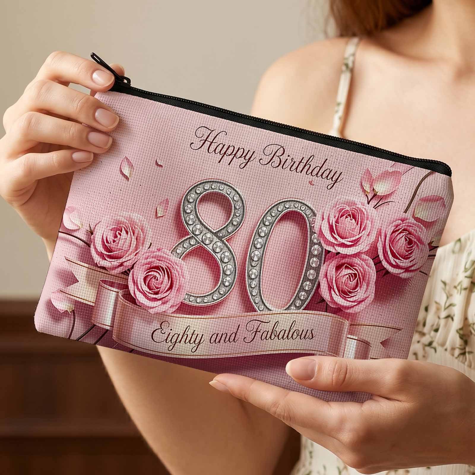 TEMU 2d Flat Printing Makeup Bag, Elegant Pink Roses Design For 80th Birthday Gifts And Special Occasion Storage