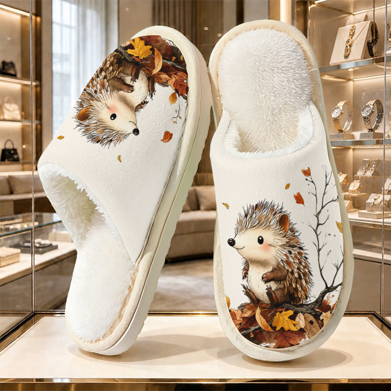 TEMU Watercolor Illustration Style Hedgehog, Tree Branch, And Fallen Leaves Versatile Slippers, Unisex Indoor/outdoor Home Slippers, Elegant And