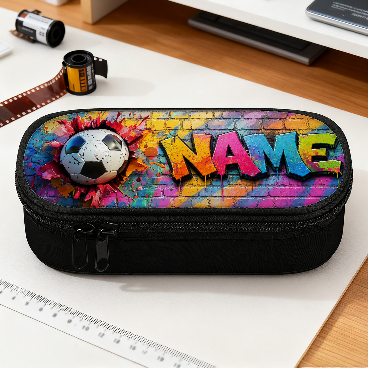 TEMU Customized 1pc Soccer Graffiti 2d Flat Pattern Large Pencil Case With Zippered Compartments, Fashionable Personalized Custom Name/text Pencil
