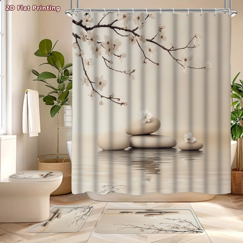 4pcs Zen Stone Cherry Blossom Shower Curtain & Bath Mat Set