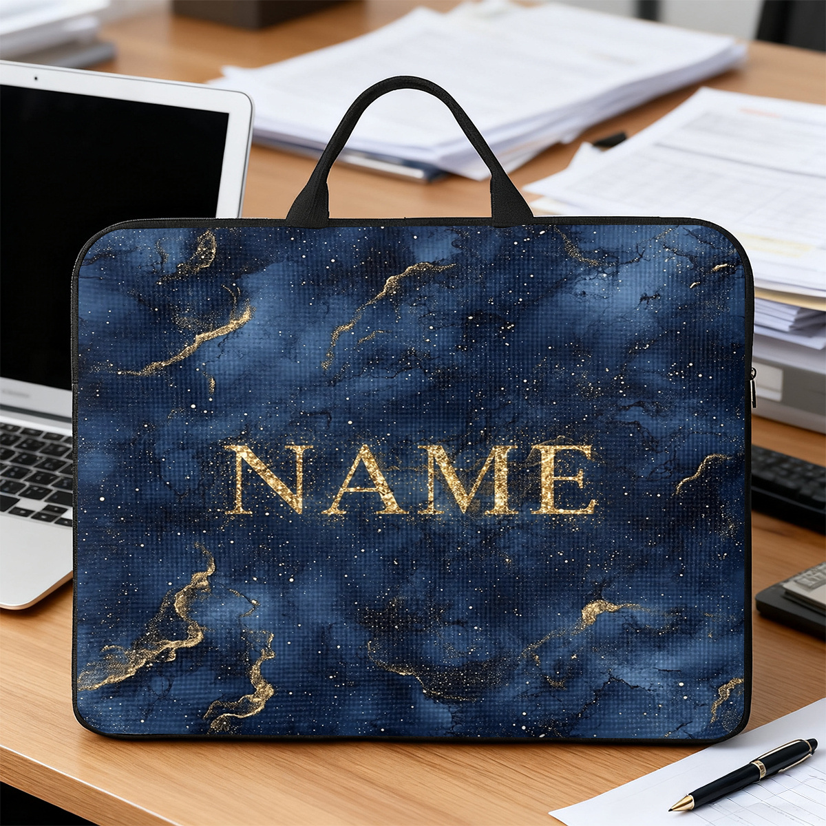 Customized Marble Golden 2D Flat Pattern Laptop Bag with Handle
