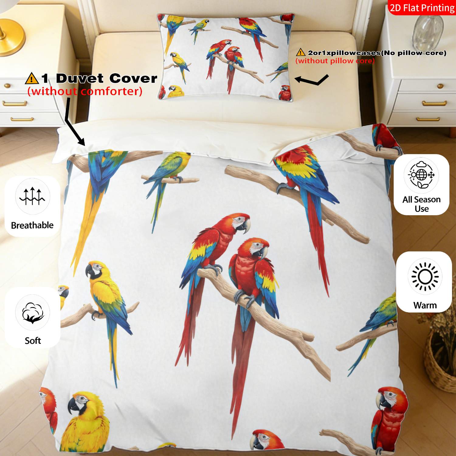 TEMU 2/3pcs 2d Flat Printing Exotic Tropical Style Parrot Theme Quilt Cover Bedding Vibrant Red Yellow Blue Color Realistic Macaw Parrot Perch Print