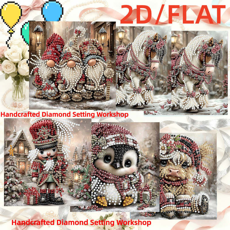 TEMU 6pcs 6pcs Winter Christmas Diamond Painting Greeting Card Set Suitable For Christmas, Handmade Vintage Snowy Scenes With Nutcracker, Gnome,