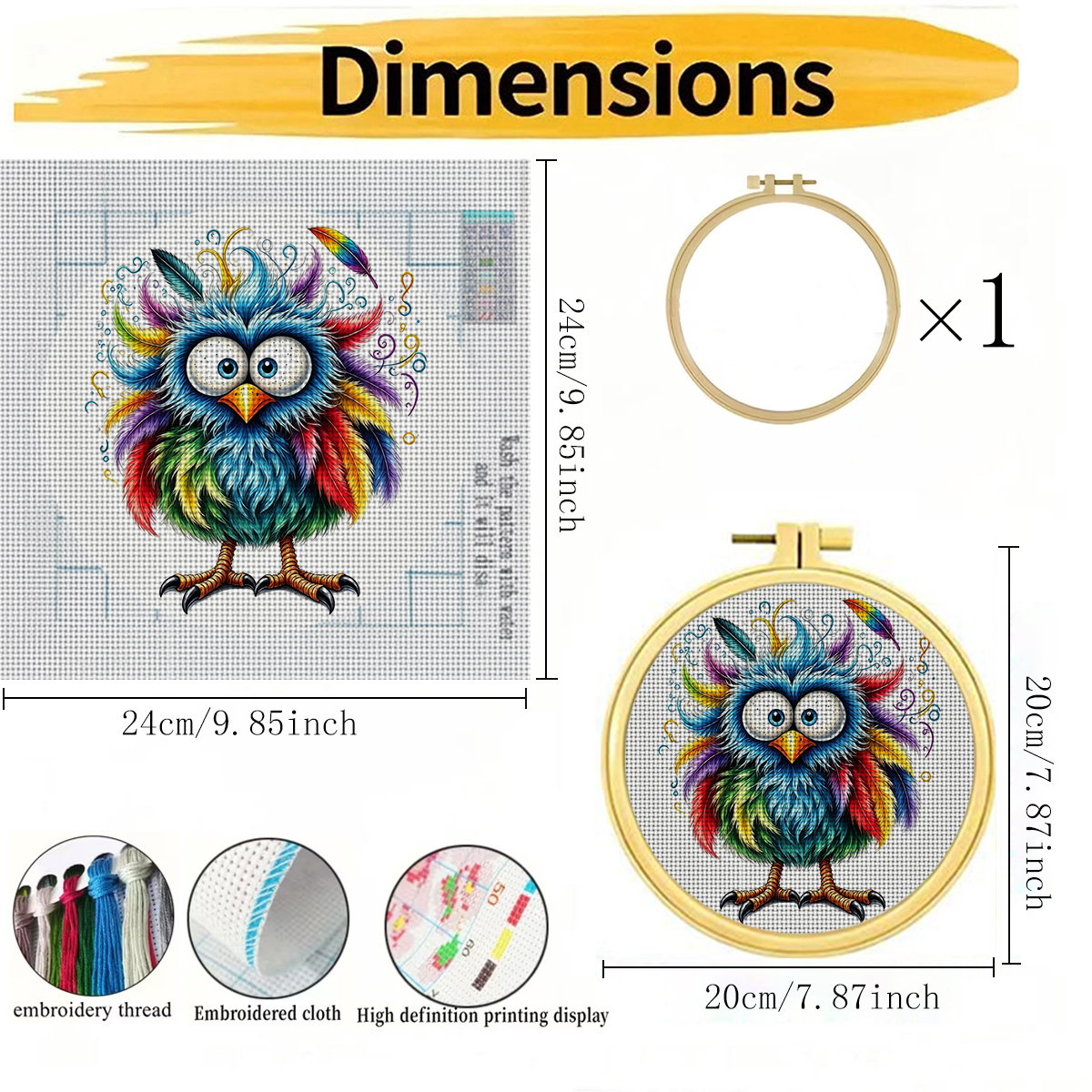Round Cross Stitch Printed Kit with Rainbow Owl Design