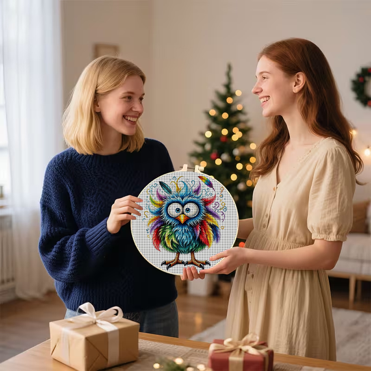 Round Cross Stitch Printed Kit with Rainbow Owl Design