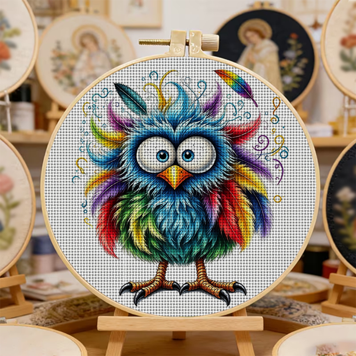 Round Cross Stitch Printed Kit with Rainbow Owl Design