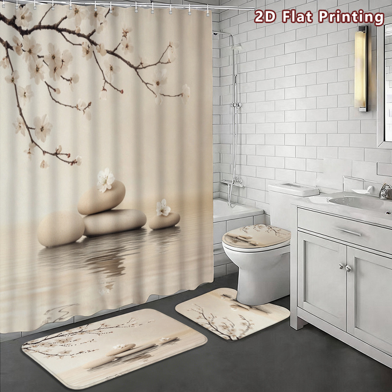4pcs Zen Stone Cherry Blossom Shower Curtain & Bath Mat Set