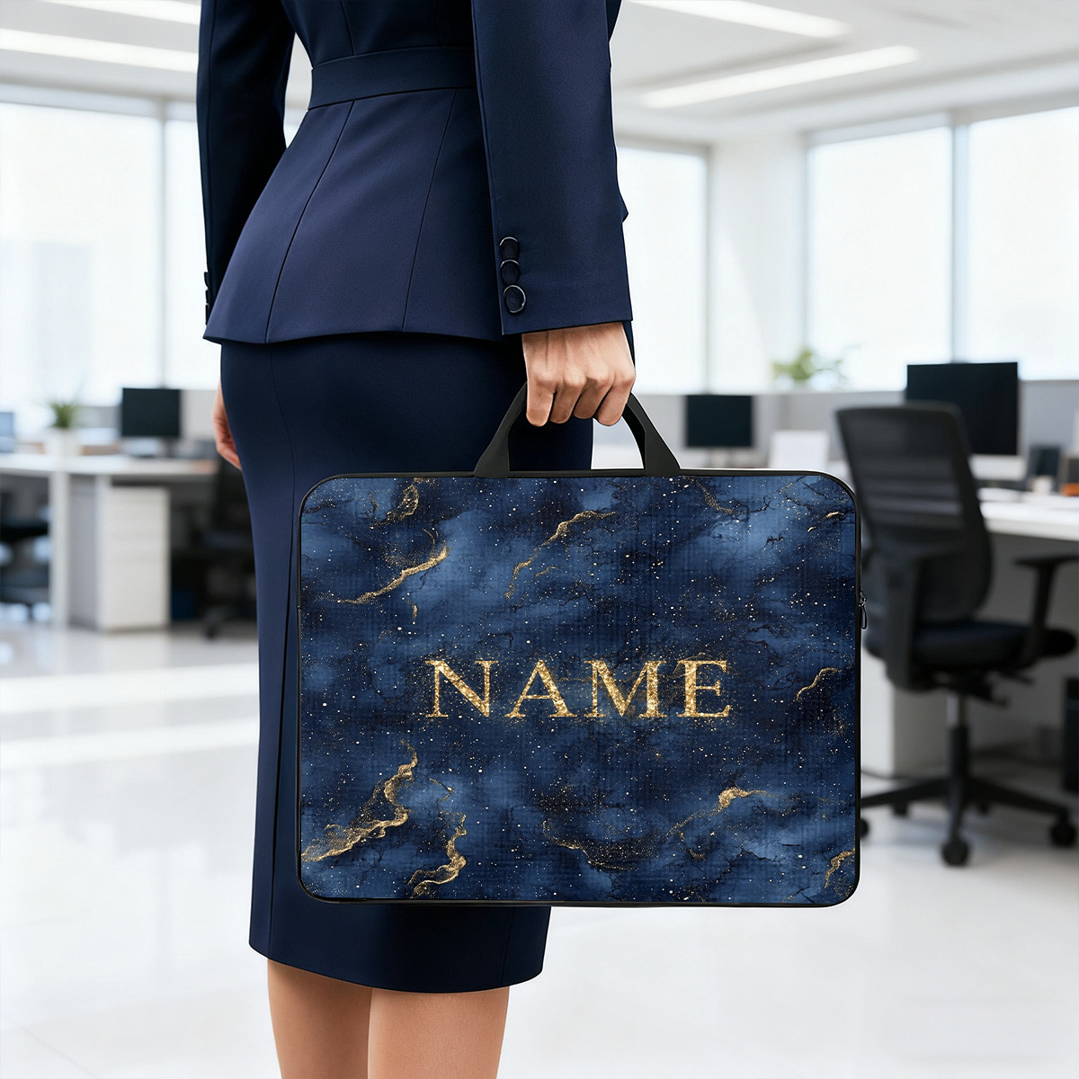 Customized Marble Golden 2D Flat Pattern Laptop Bag with Handle