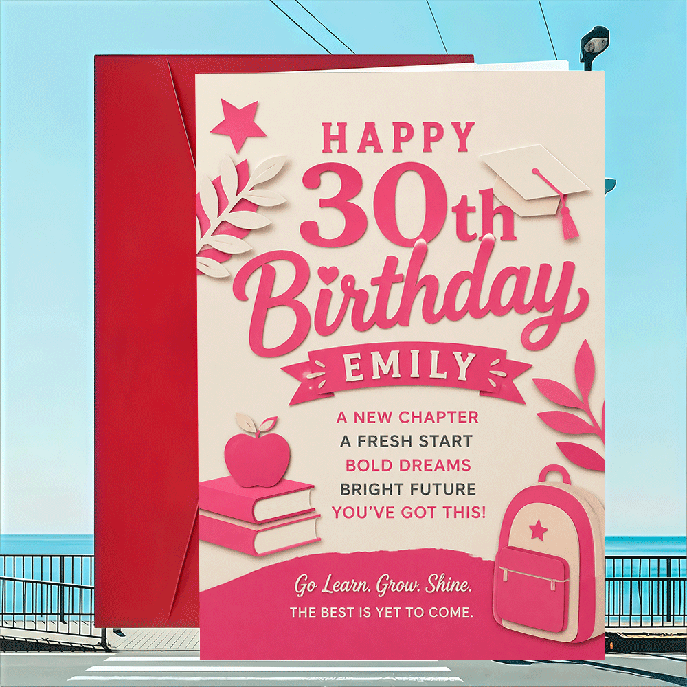 여성을 위한 30번째 생일 축하 인사 카드 1개 + 봉투 1개, 우아한 평면 종이 디자인, 친구 및 동료를 위한 이정표 기념 및 졸업 선물용으로 완벽한 인사 카드