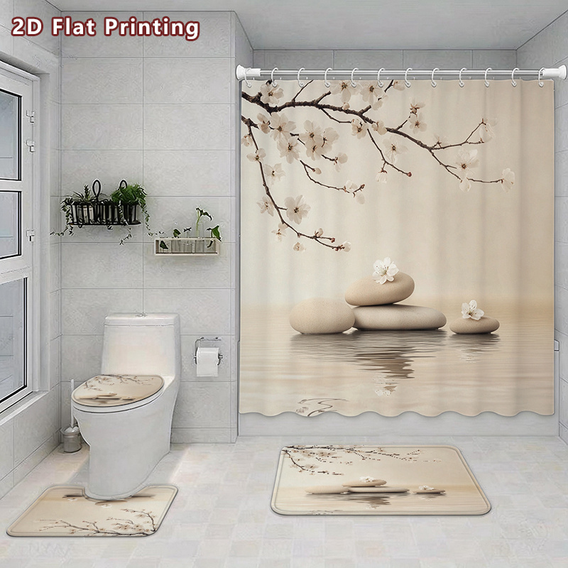 4pcs Zen Stone Cherry Blossom Shower Curtain & Bath Mat Set