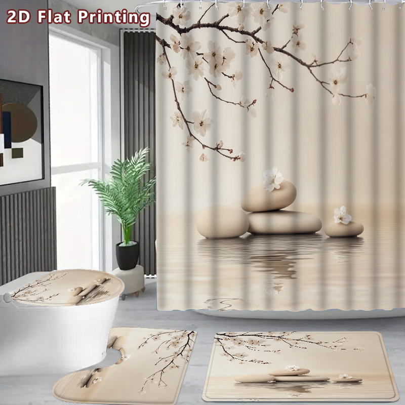 4pcs Zen Stone Cherry Blossom Shower Curtain & Bath Mat Set