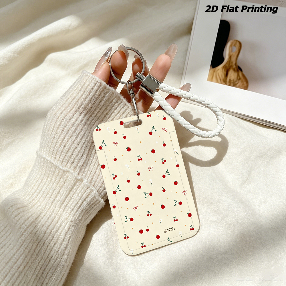 TEMU Sweet Cherry 2d Flat Printing Sliding Type Badge Case, Durable Plastic Id Protector With Retractable Clip, Portable Holder For School And Bus