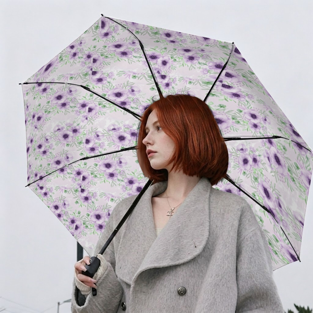 프린트된 햇빛과 비 우산, 자동 개폐 접이식 우산, 보라색 꽃 패턴, 차단 코팅, 8개 리브 튼튼한 프레임 휴대용, 여름 여행, 여성 선물 (2d 단면 한면 안감 프린트)