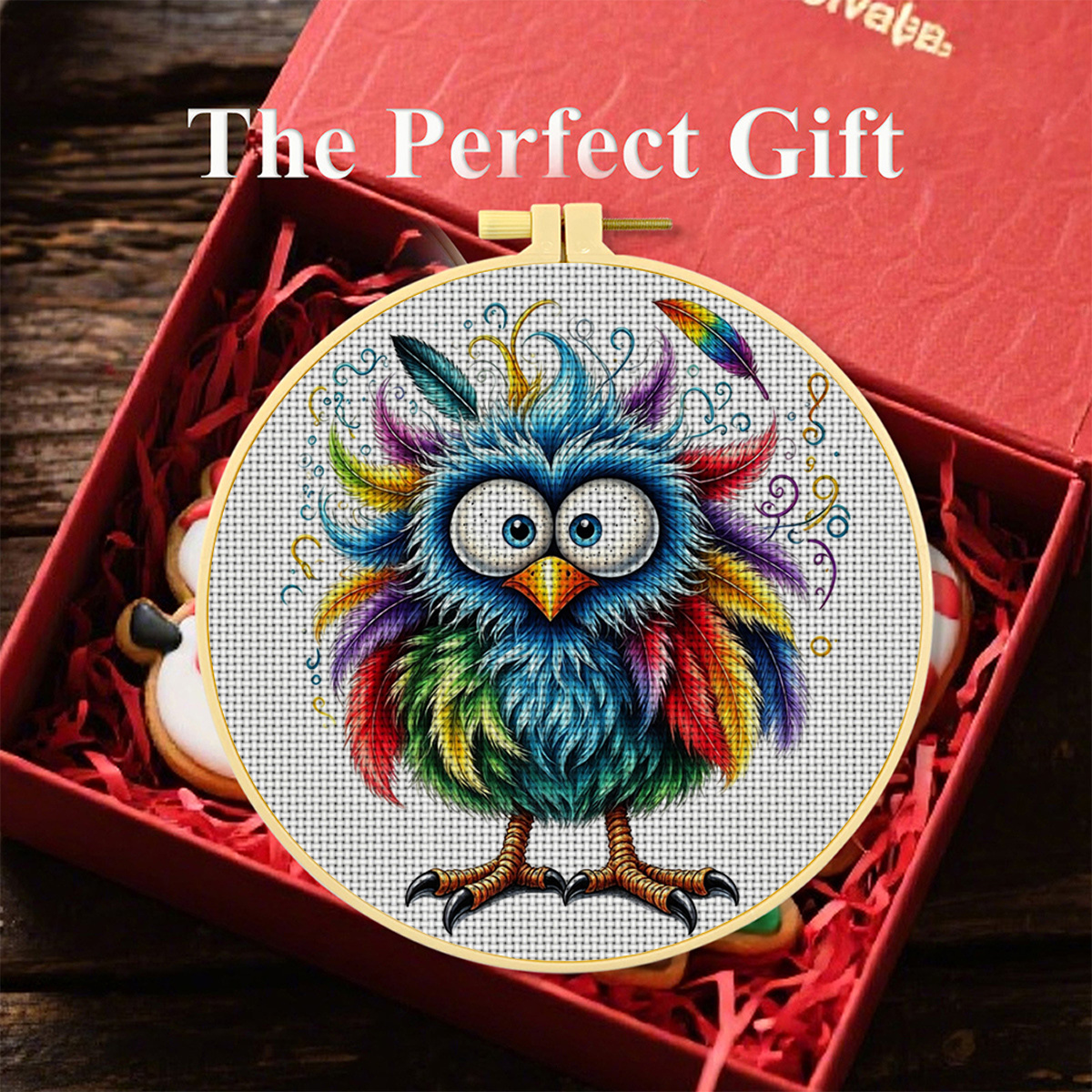 Round Cross Stitch Printed Kit with Rainbow Owl Design