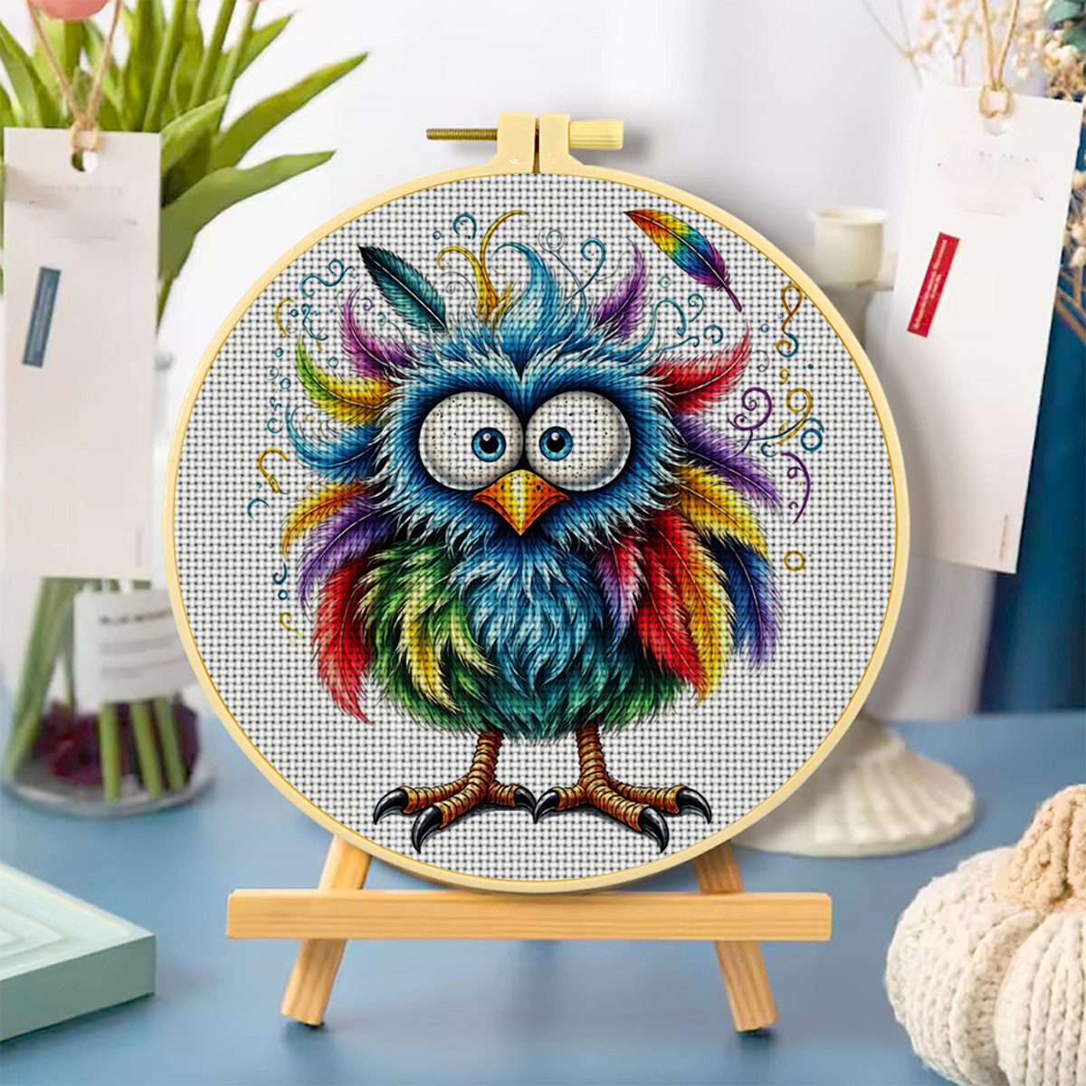 Round Cross Stitch Printed Kit with Rainbow Owl Design