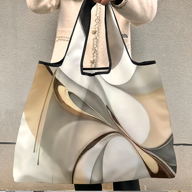 TEMU Foldable Reusable Shopping Bag 1pc, White And Black Object Pattern, Large Portable Tote For Grocery