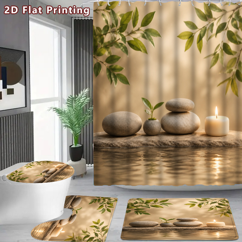 4pcs Relaxing Spa Stones Shower Curtain Set with Bath Mat