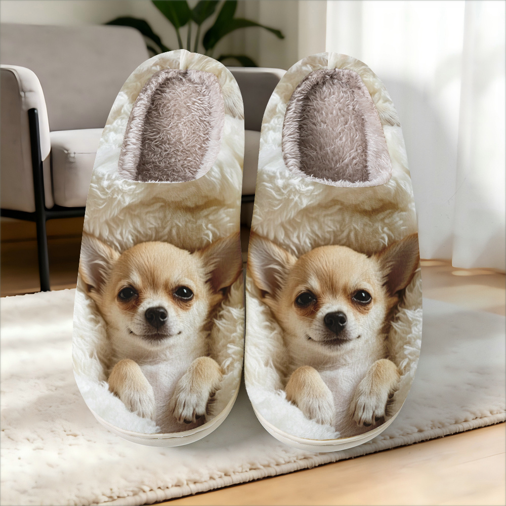 TEMU [printed Design-not Textured]-soft Cute Light Yellow Chihuahua White Fluffy Plush Pattern Print Women's Fashion Home Slippers, Elegant Easy