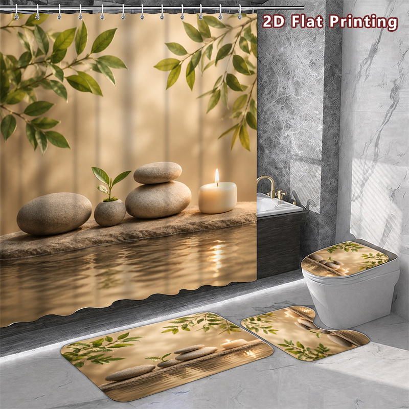 4pcs Relaxing Spa Stones Shower Curtain Set with Bath Mat