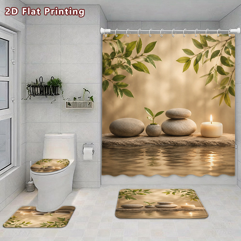 4pcs Relaxing Spa Stones Shower Curtain Set with Bath Mat