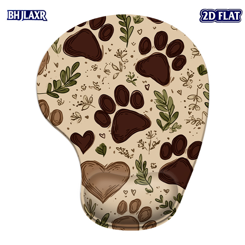 Image of 1pc 2d Flat Anti-slip Pu Base Ergonomic Mouse Pad With Wrist Rest, Small Silicone Mat, Paw And Heart Floral Pattern, Comfortable For Home/office/decoration
