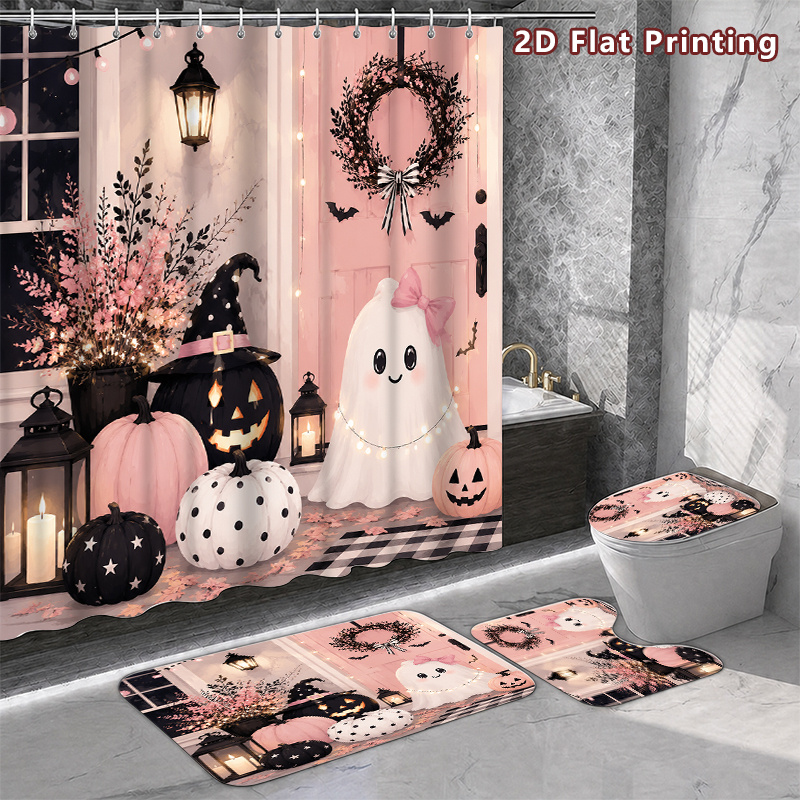 TEMU 2d Flat, 4pcs 2d Halloween Shower Curtain Set, Cute Pumpkins Bathroom Decor, Additions With, U-shaped, Toilet Lid Cover, Shower Curtain Includes